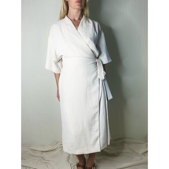 BABATON Ecru Ivory Crepe Wrap Midi Dress US LARGE - Picture 5 of 16